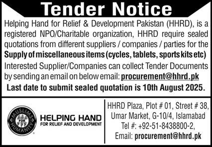Helping Hand for Relief & Development Islamabad Tender Notice